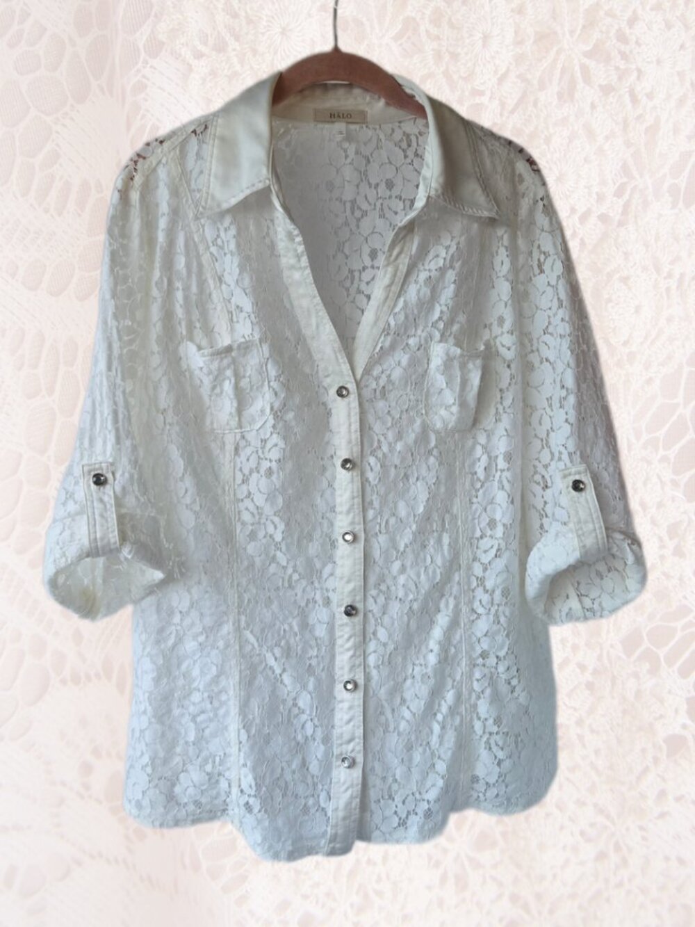 Halo White Lace Button Down Cottagecore Layer Blouse Sheer Boho
